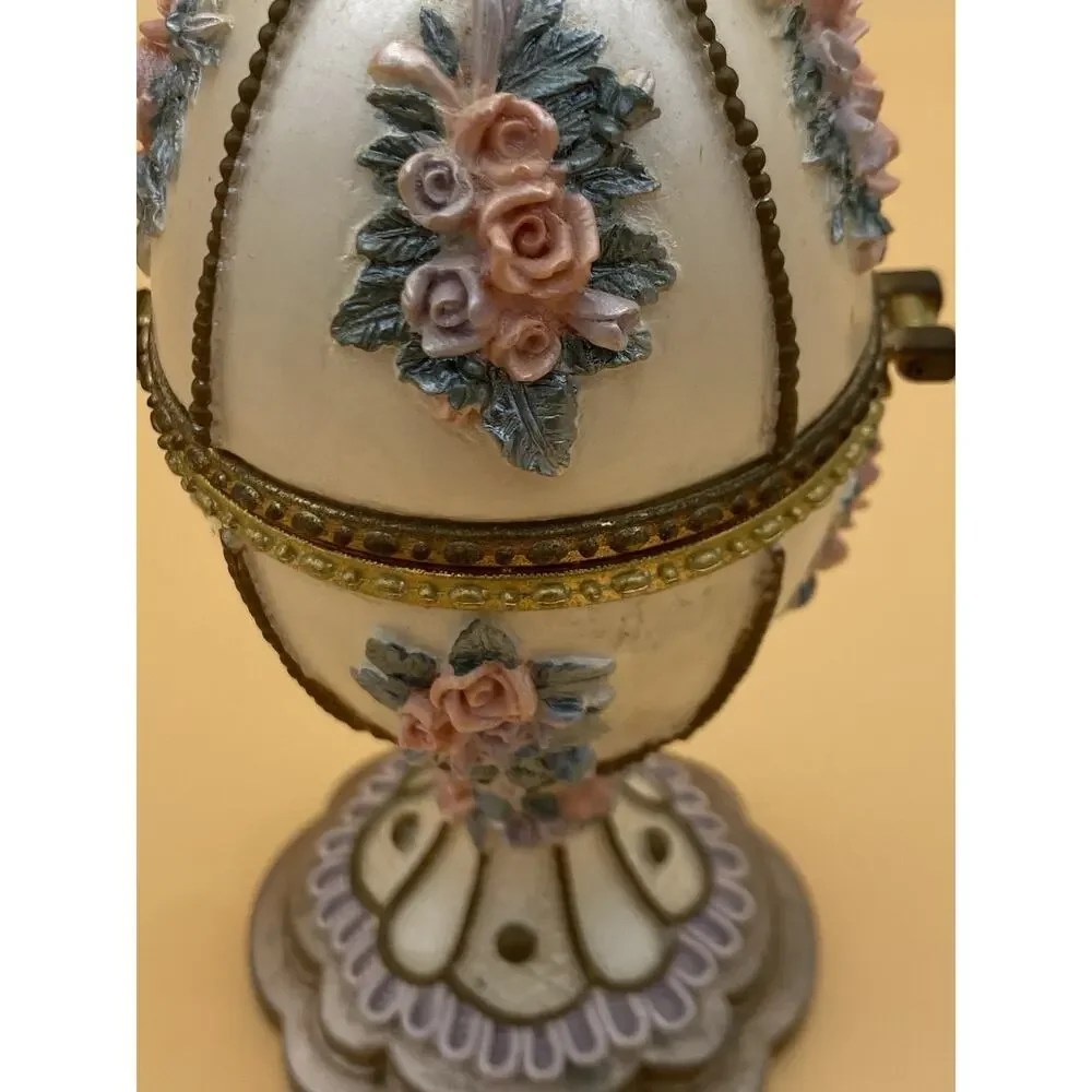 Vintage Egg Shaped Floral Metal Jewelry Box w/ Hinged Lid, Fabric Lined Interior